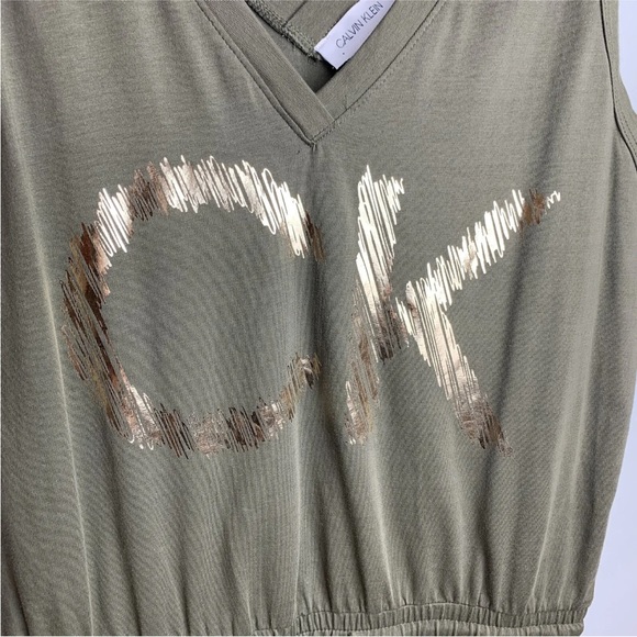 Calvin Klein Romper Shorts One Piece Olive Green Gold Metallic Graphic Size S - Picture 3 of 9